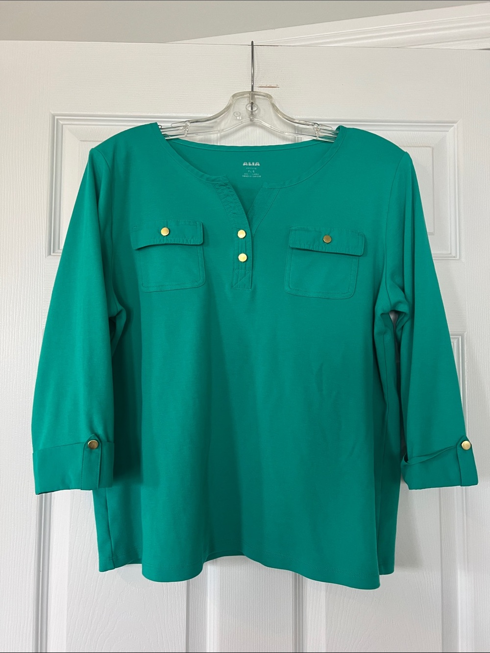 Alia Teal Green Button-Front Tunic with Flap Pockets